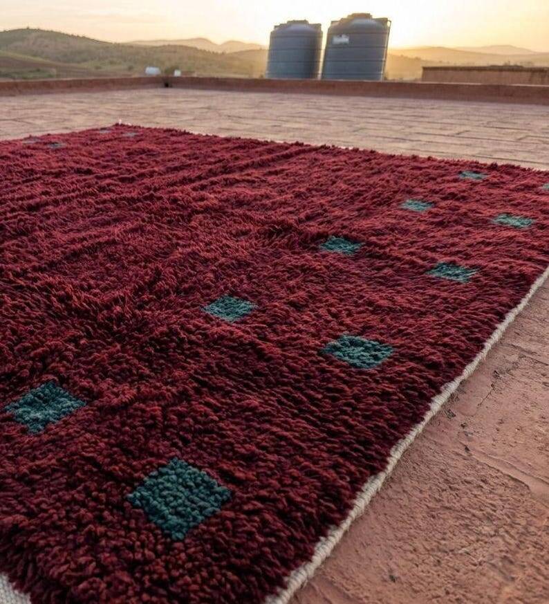Moroccan Berber rug burgundy 300x200 cm – blue-green geometric patterns