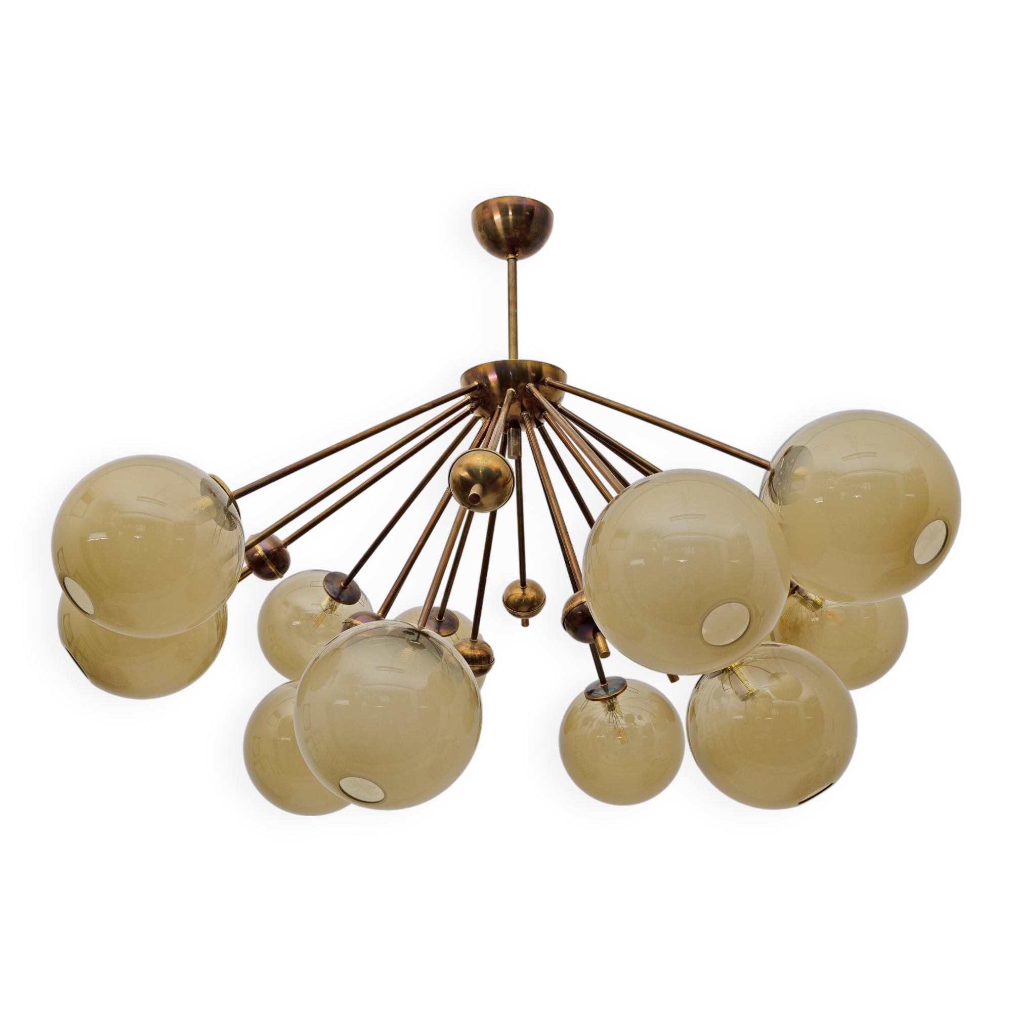 Mid-Century Italian Burnished Brass and Murano Glass Large Sputnik Chandeli
