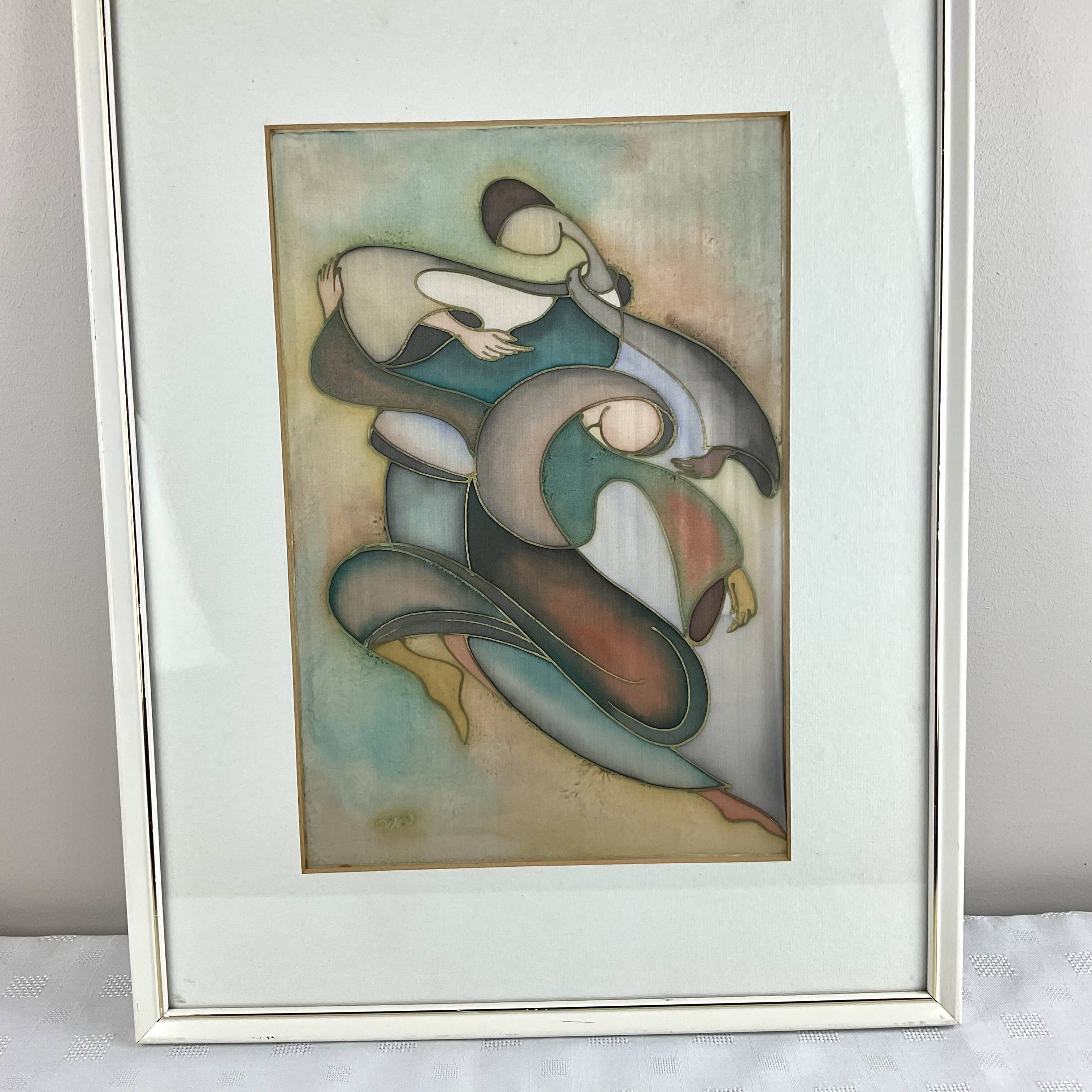 The dancers, painting on silk and vintage wooden frame