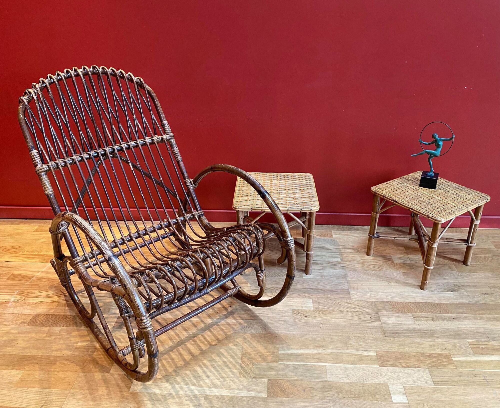 Vintage rocking chair, 60's, rattan and bamboo Rohé Noordwolde