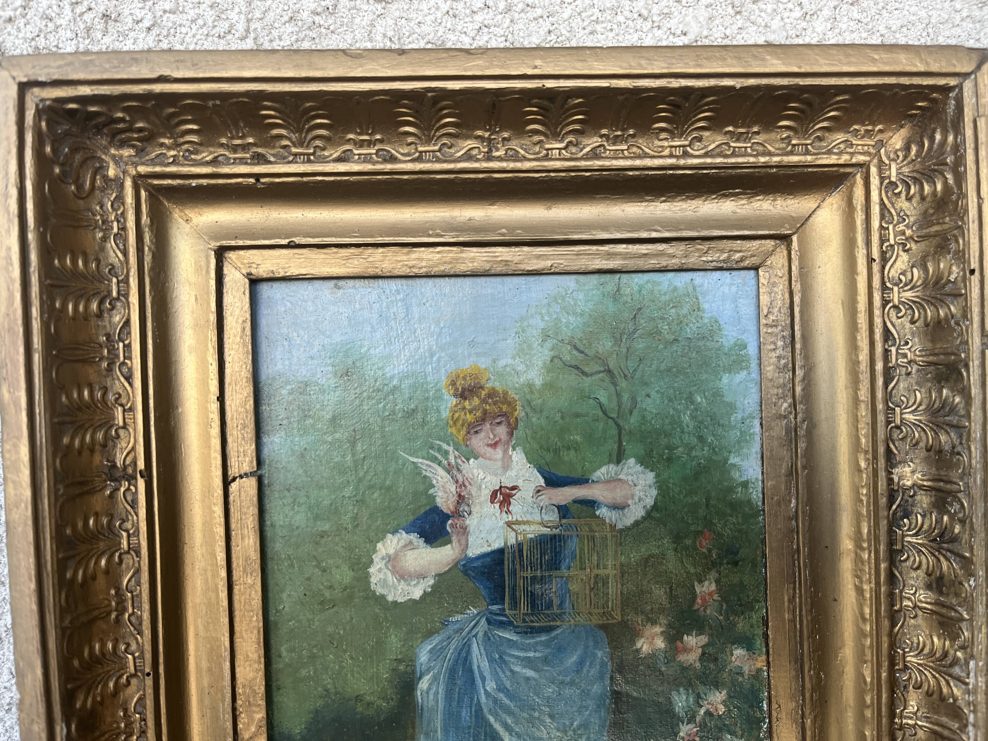 Antique tableau from the 19th century – Genre scene with the lady and the bird.