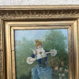 Antique tableau from the 19th century – Genre scene with the lady and the bird.