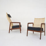 Rattan and leather low-back lounge chair by P.J. Muntendam for Gebr. Jonkers, The Netherlands 1950's