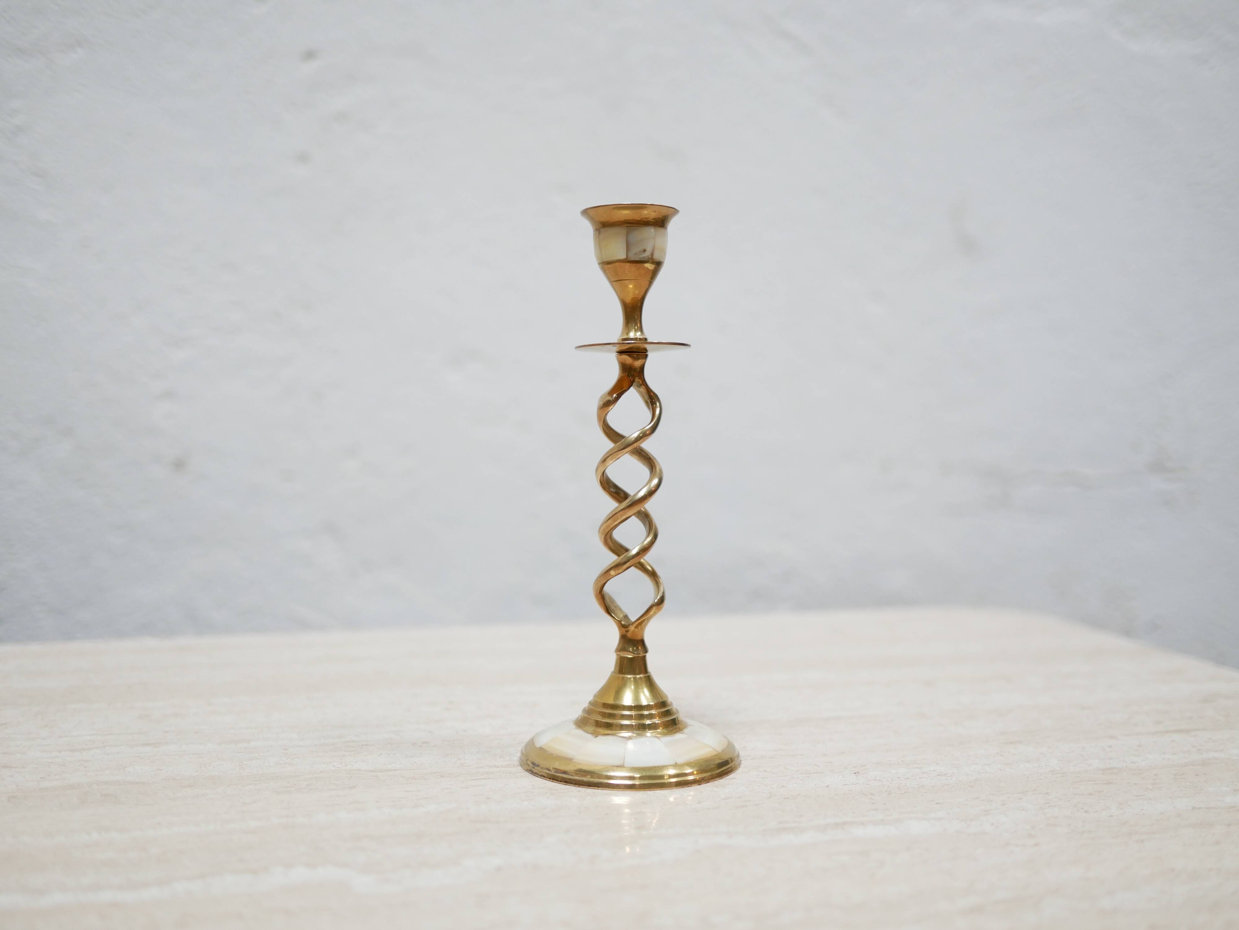 Vintage candle holder in brass and mother-of-pearl
