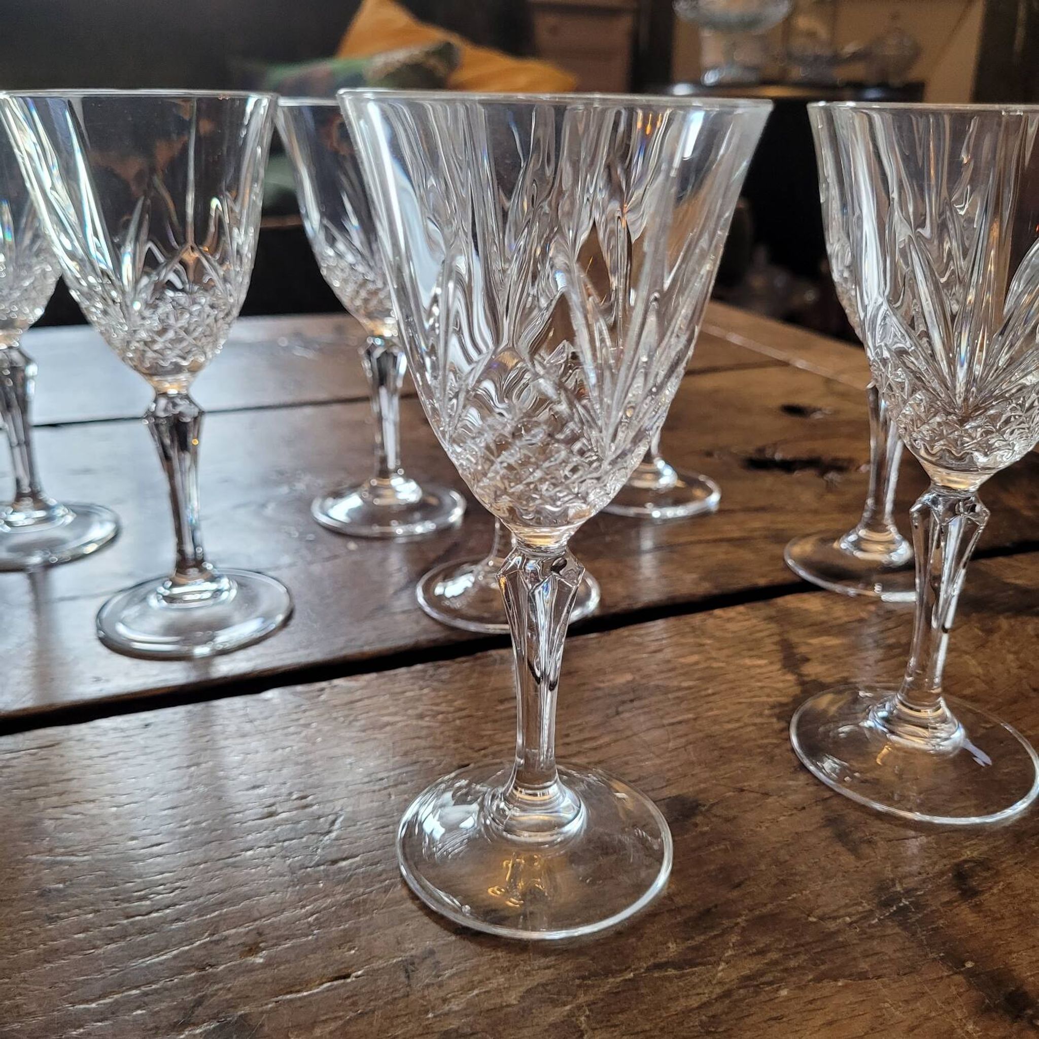 Set of 8 cut crystal glasses, hexagonal stem – 1950s