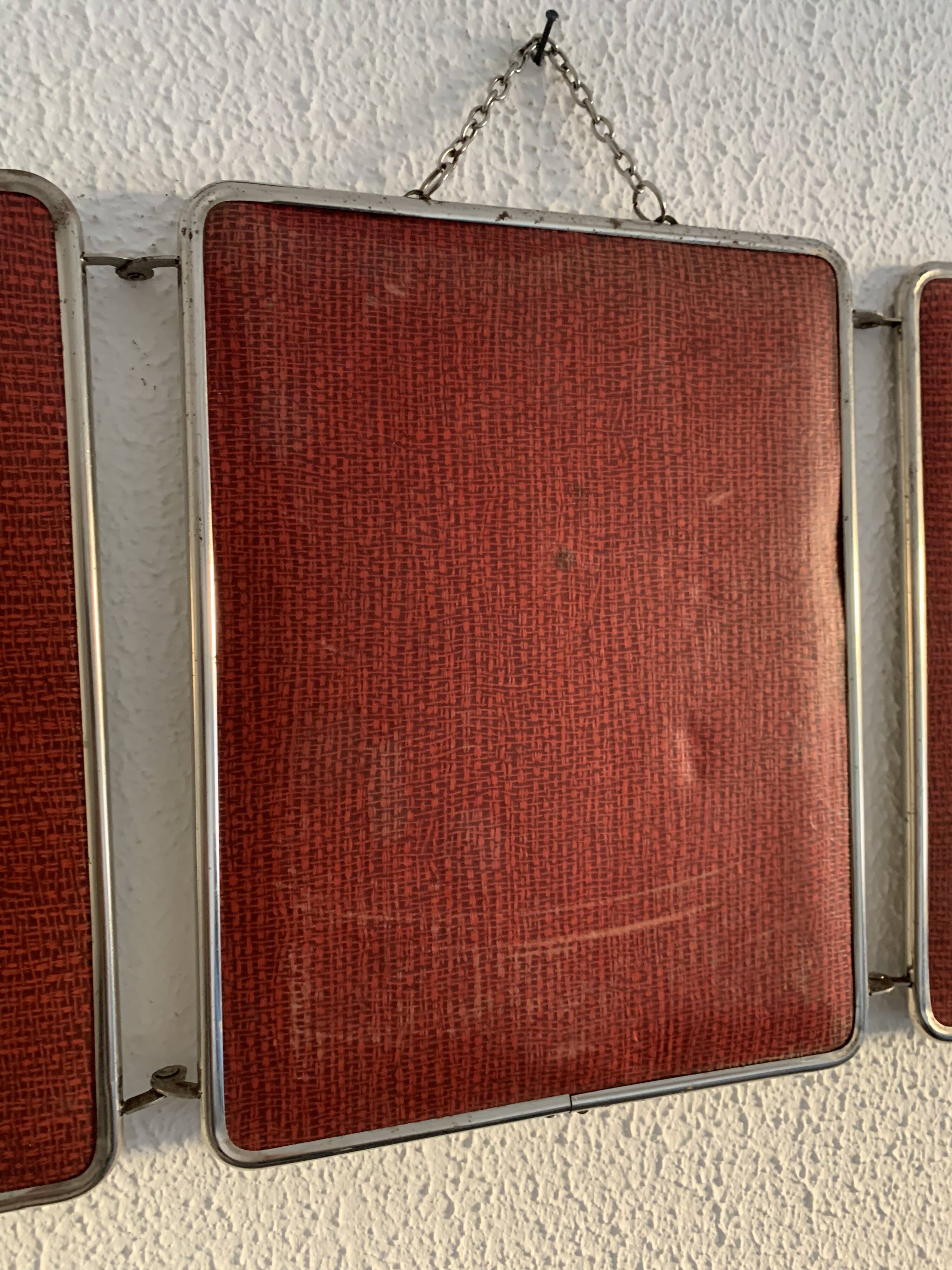 Miroir vintage 1950 triptyque barbier coiffeuse brique - 27 x 67 cm