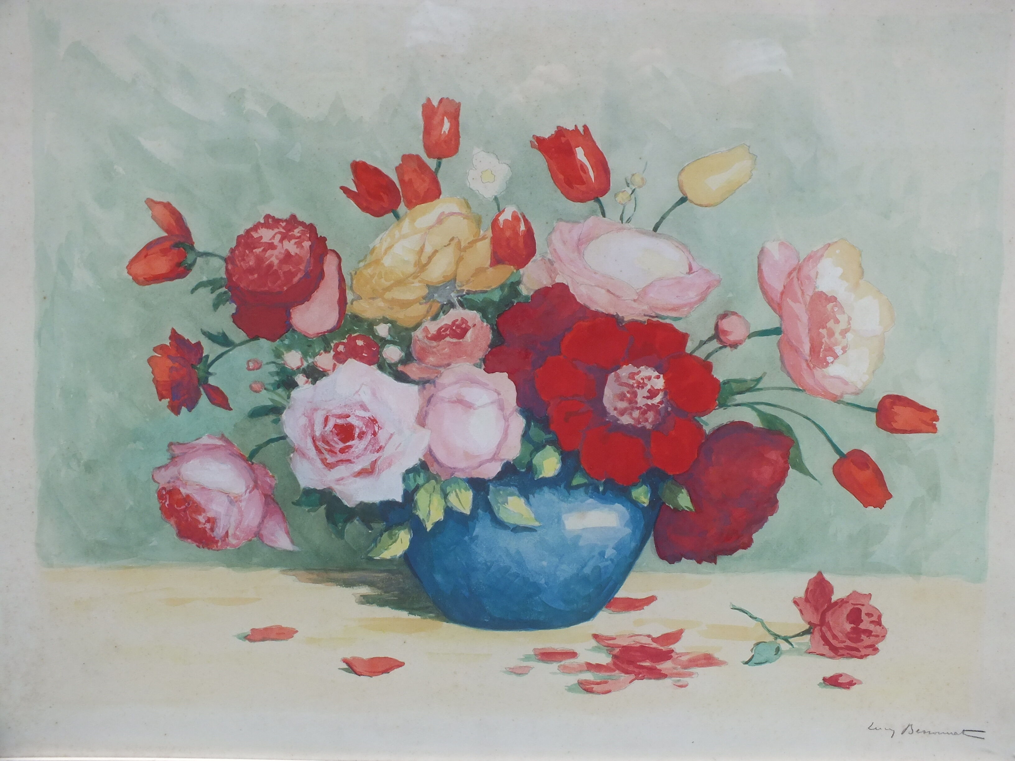 Large watercolor bouquet of flowers signed Bessonnat