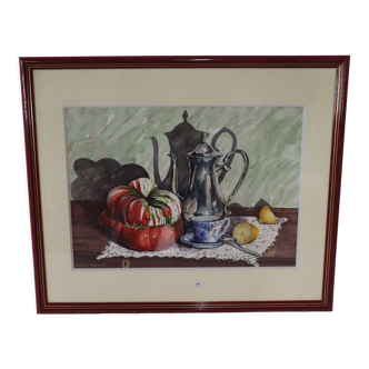 Nature morte au déjeuner, aquarelle signée