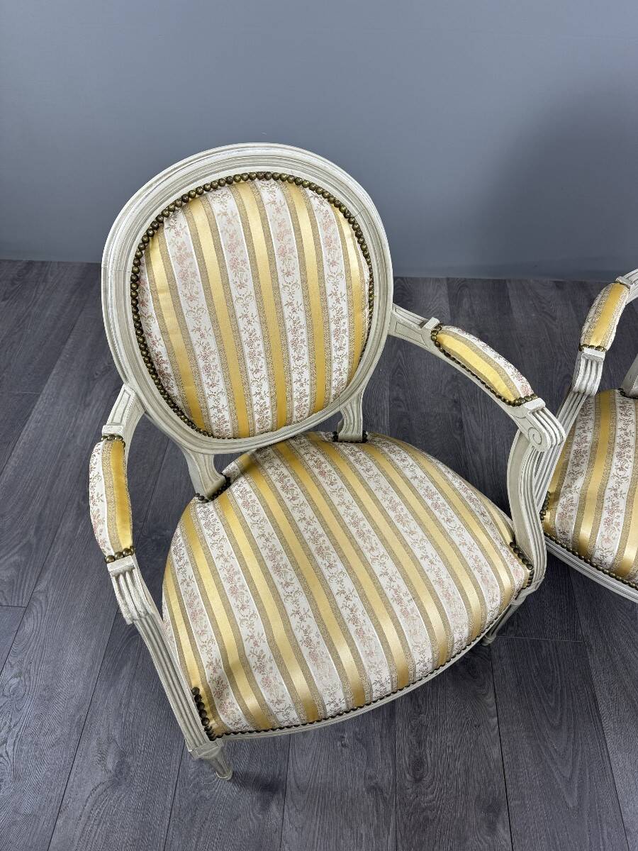 Pair of Medallion Armchairs in Louis XVI Style with Footrests, 20th Century