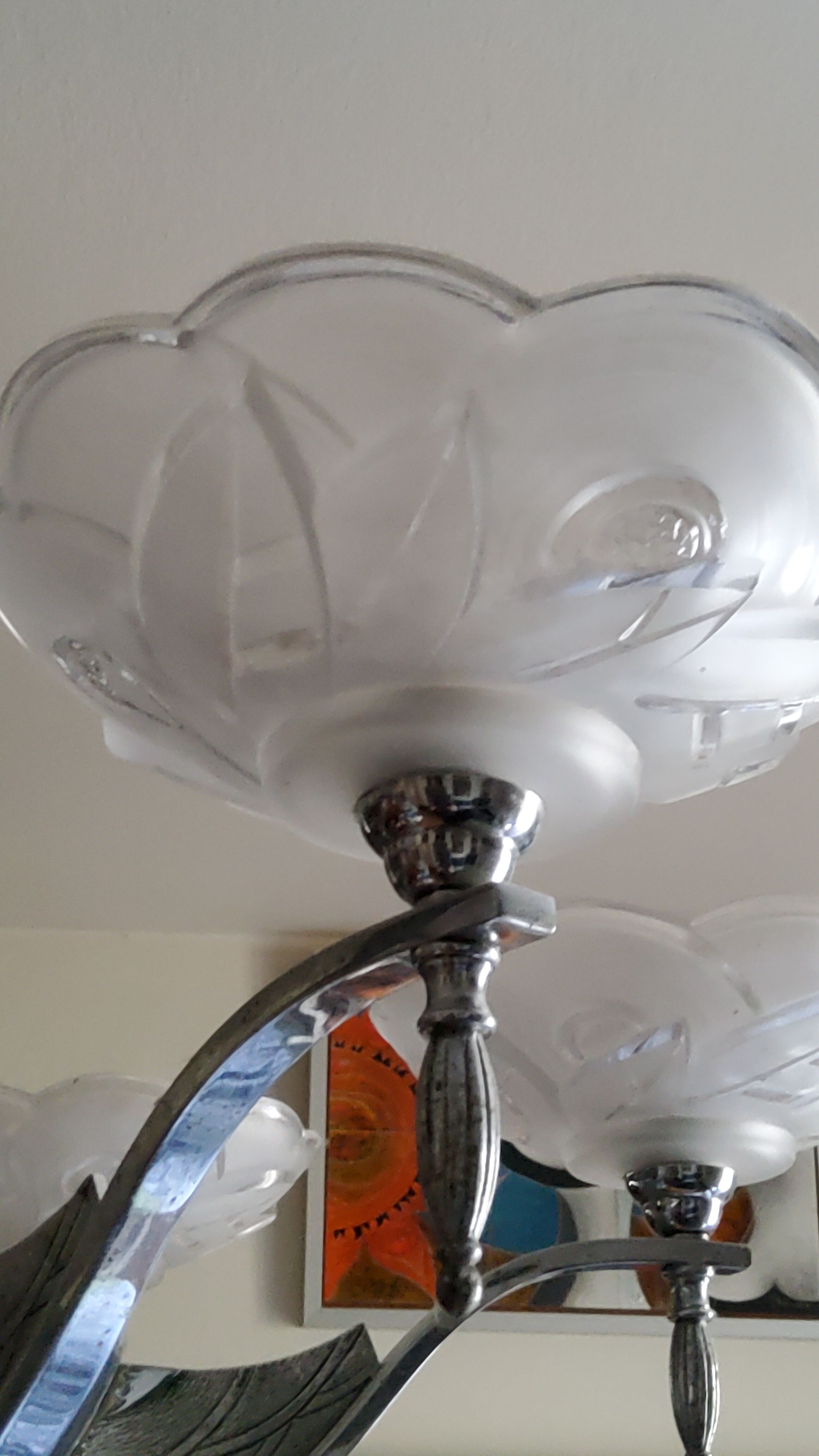 Art deco chandelier in chromed metal and glass 6 arms of lights