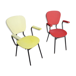 Paire de fauteuils des années 60 skaï rouge et jaune