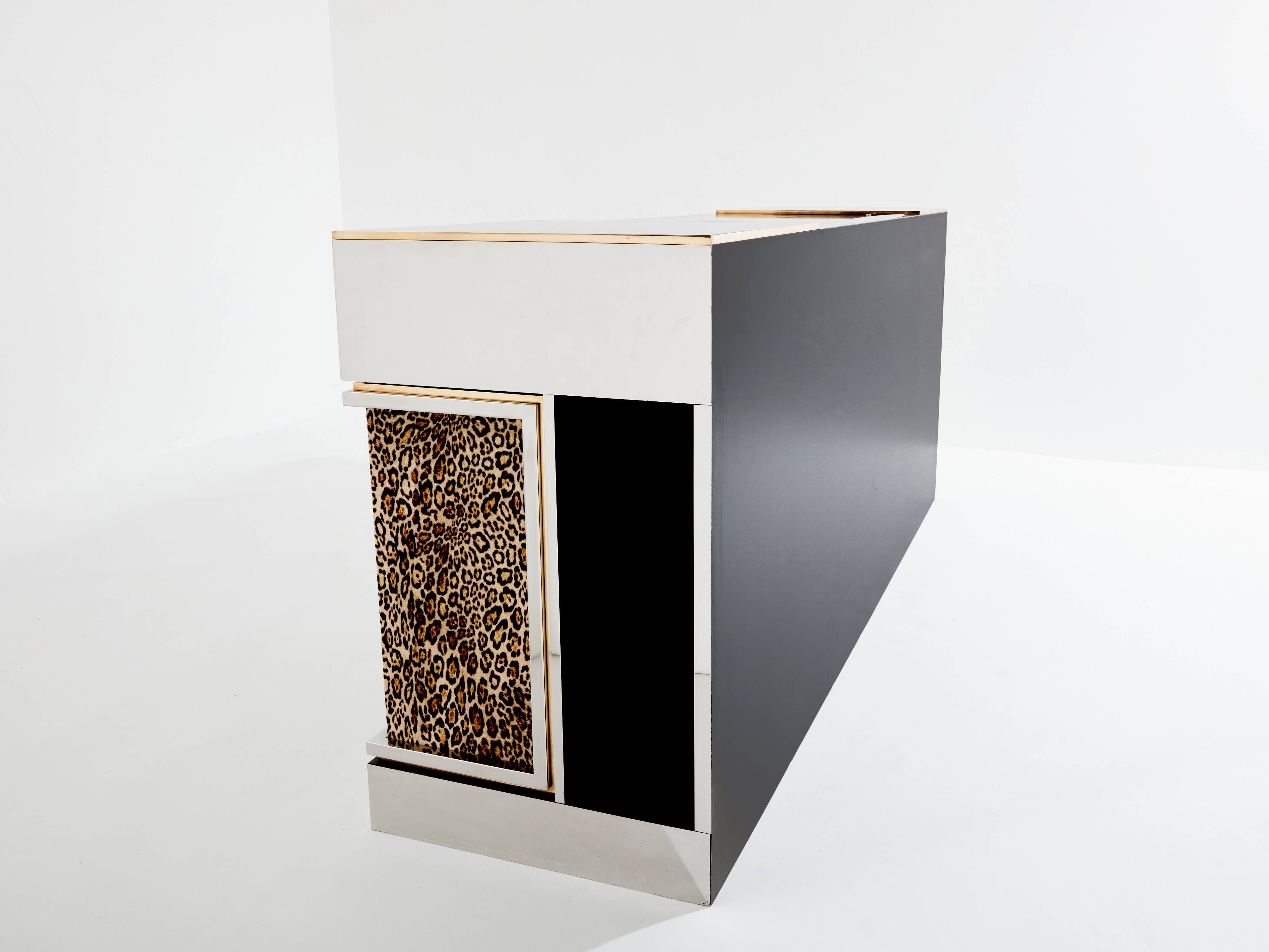 Leopard velvet mirror brass chrome sideboard Michel Pigneres 1969