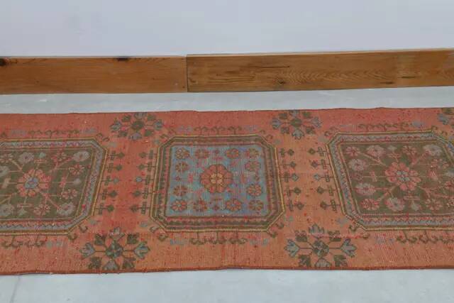 Vintage Turkish Hand-Knotted Wool Cotton Brown Runner Rug 80x336