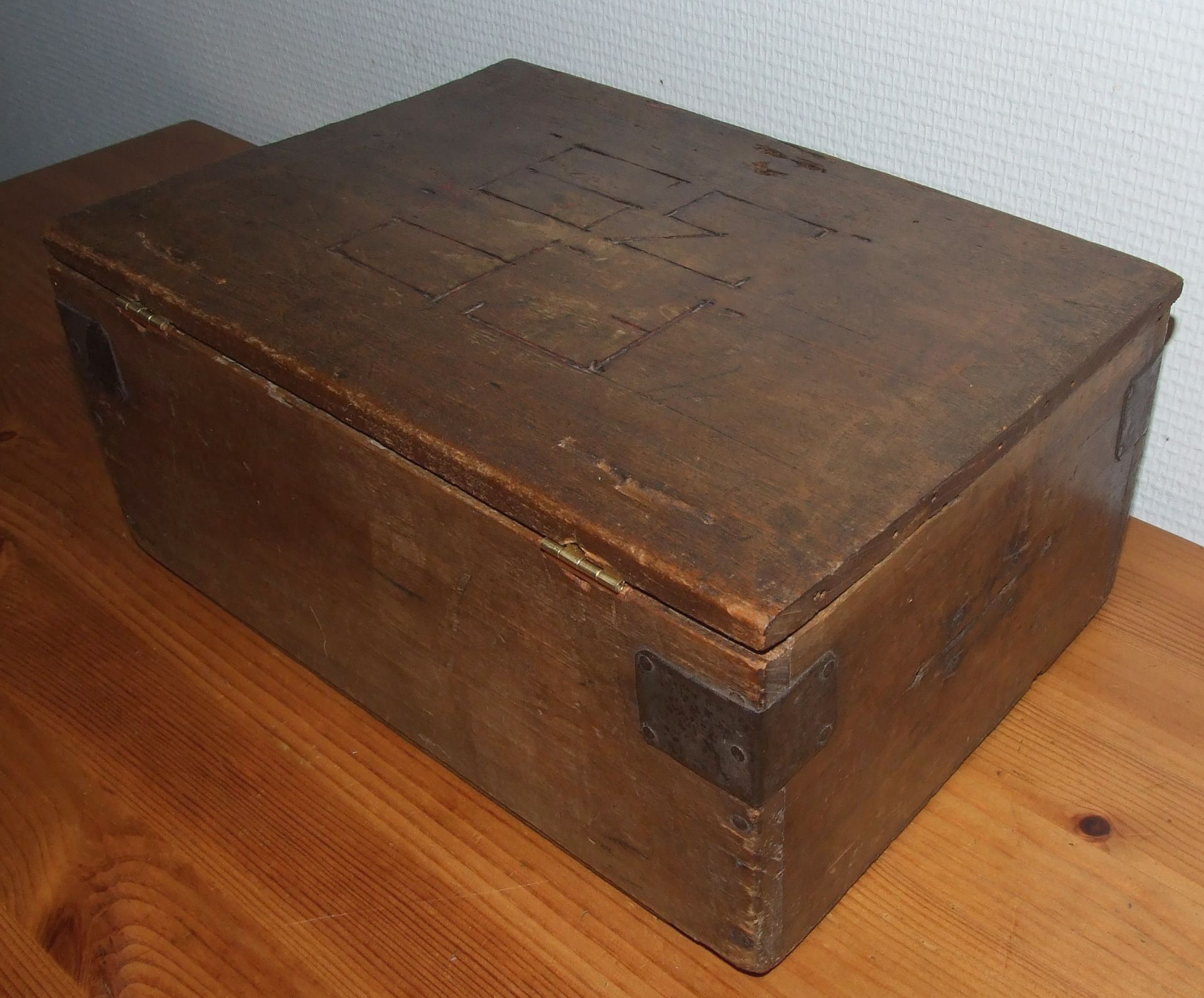Old box with inscription, fittings, lock and key