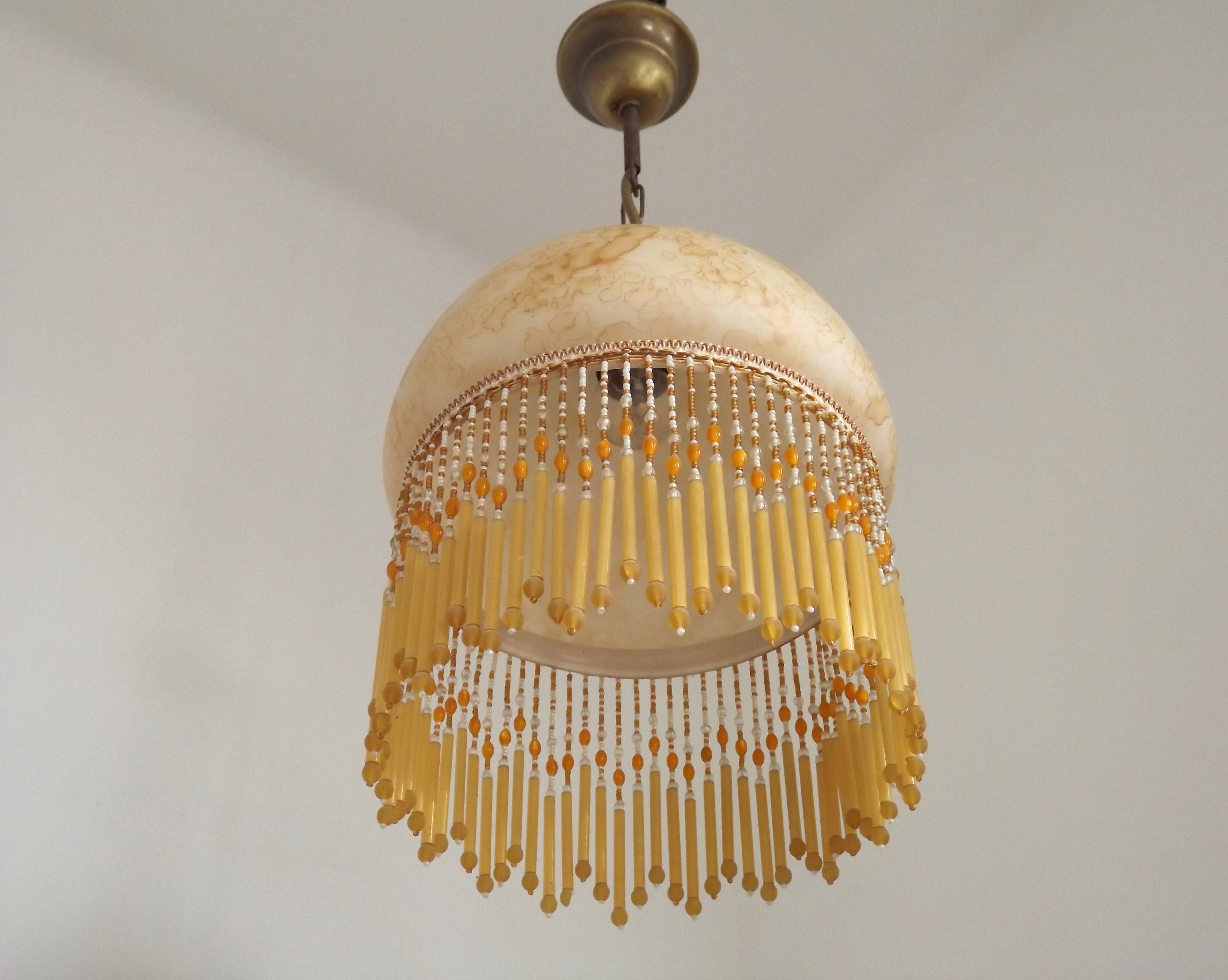 Mid Century Amber Mottled Glass Ceiling Light with Beaded Glass Fringe