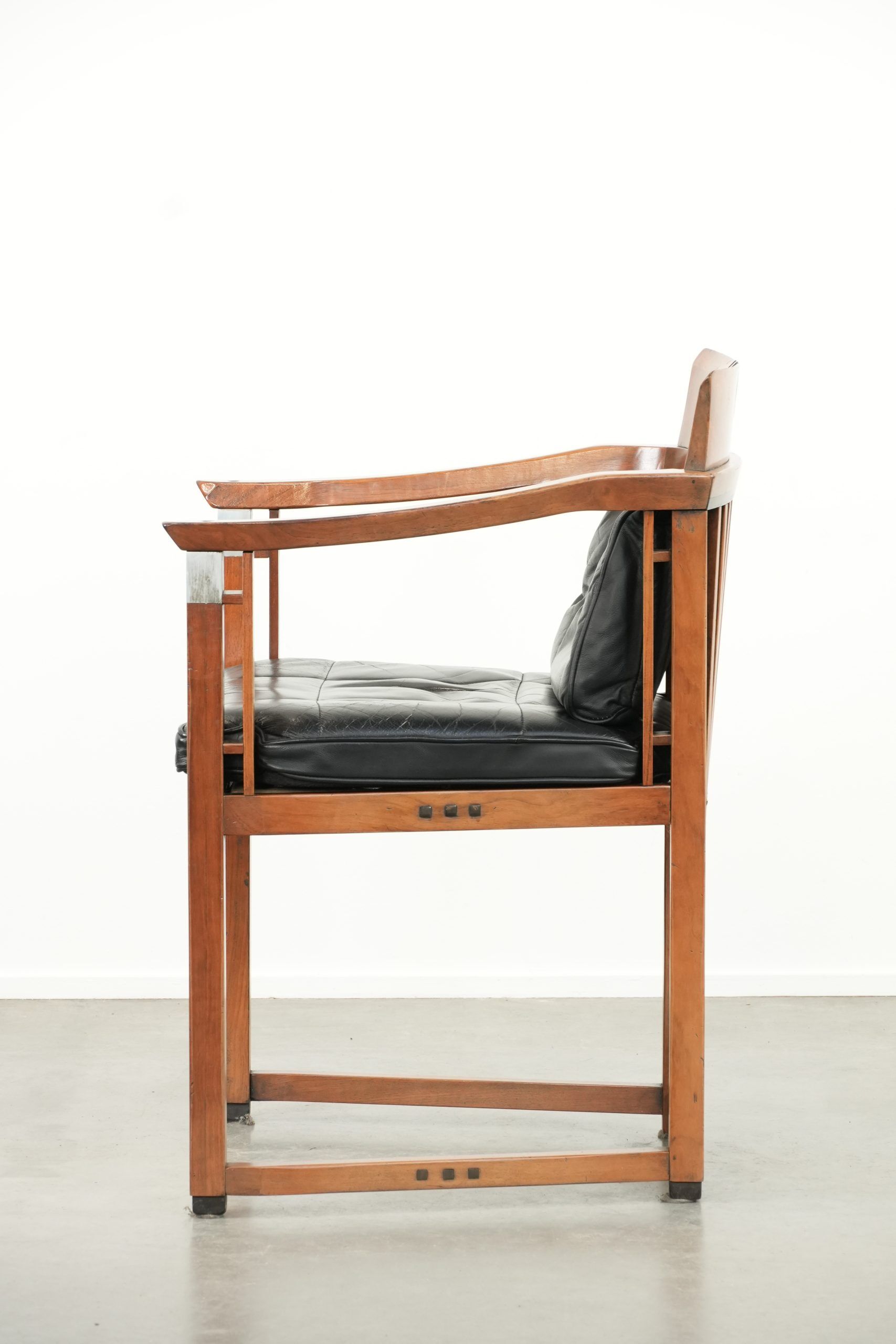 Black leather Art Deco design dining/side/desk chair with armrests