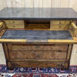 Commode secrétaire du XIXème en loupe d'orme, sapin et dessus marbre noir