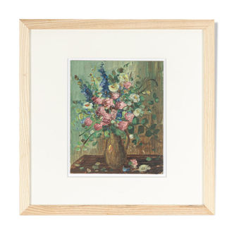 Fleurs sauvages dans un vase, huile sur assiette, 38 x 38 cm