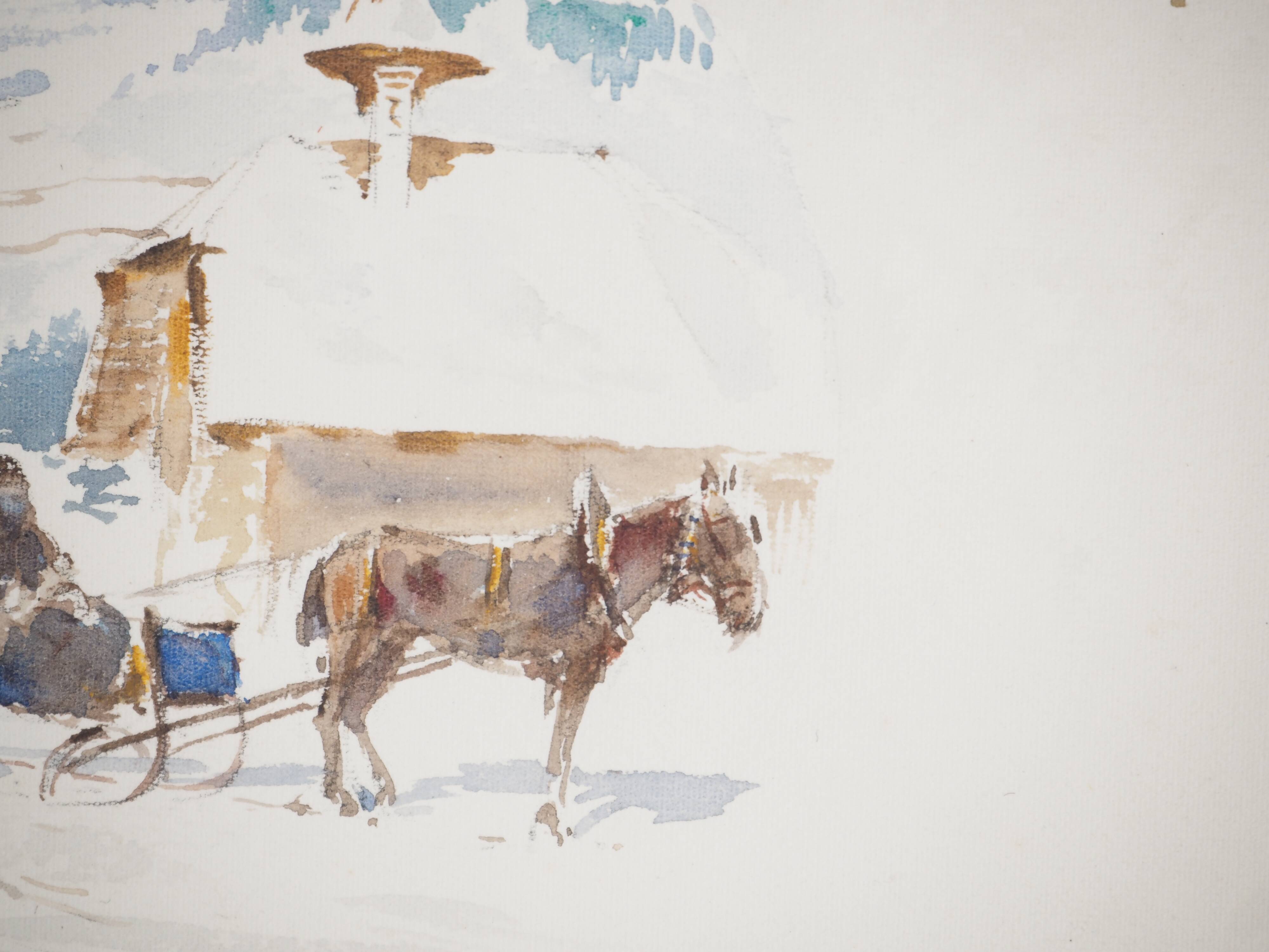 René leverd: switzerland, carriage ride in lagnau, original signed watercolor
