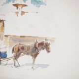 René leverd: switzerland, carriage ride in lagnau, original signed watercolor