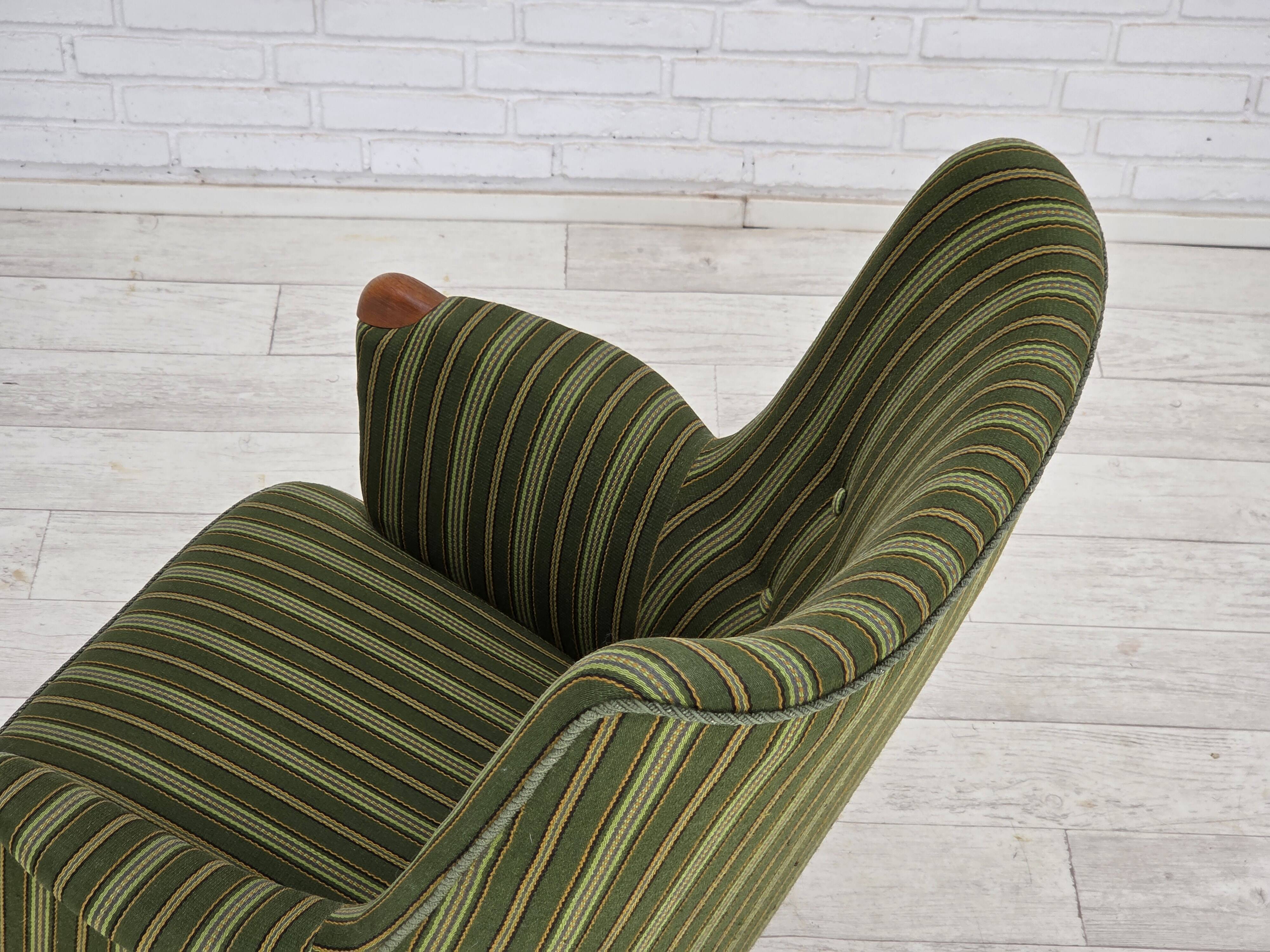 1960s, Danish armchair, green furniture wool, teak wood.
