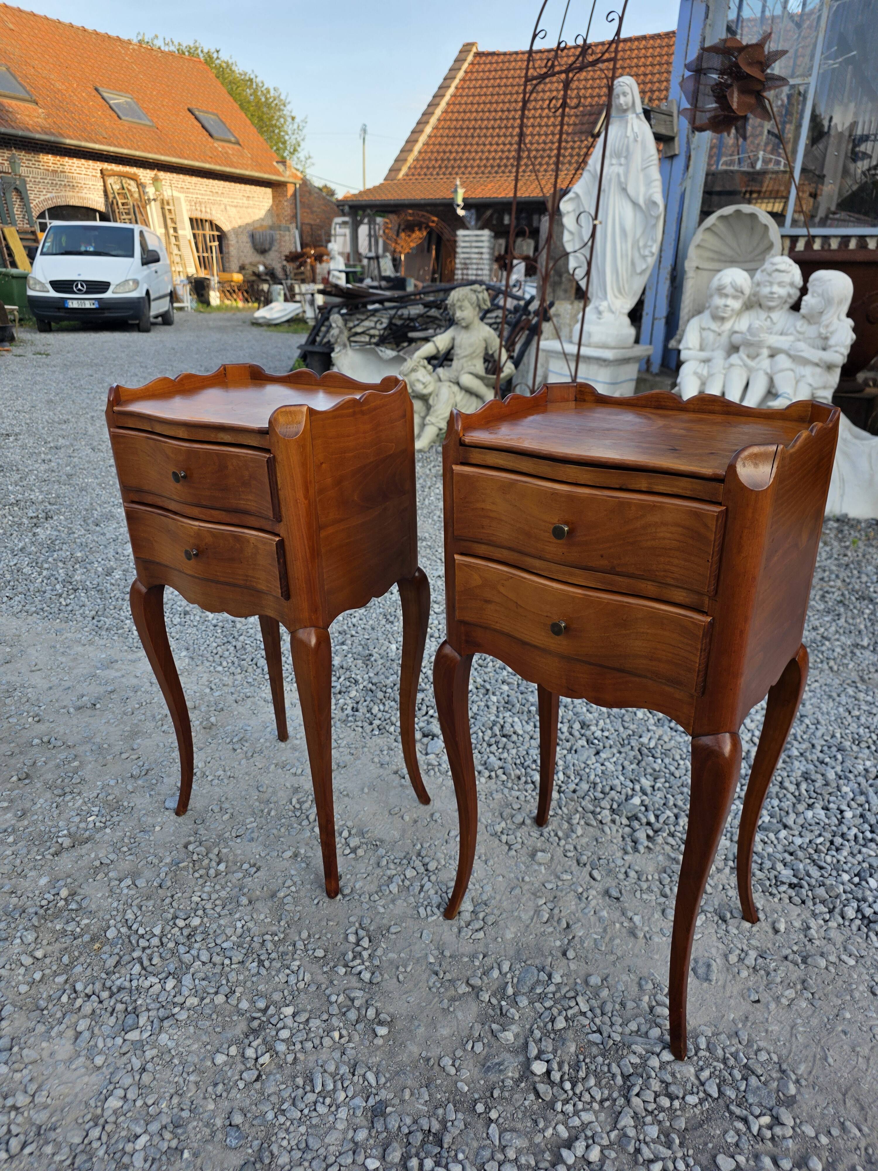 Pair of Louis XV style bedside tables in solid cherry wood.