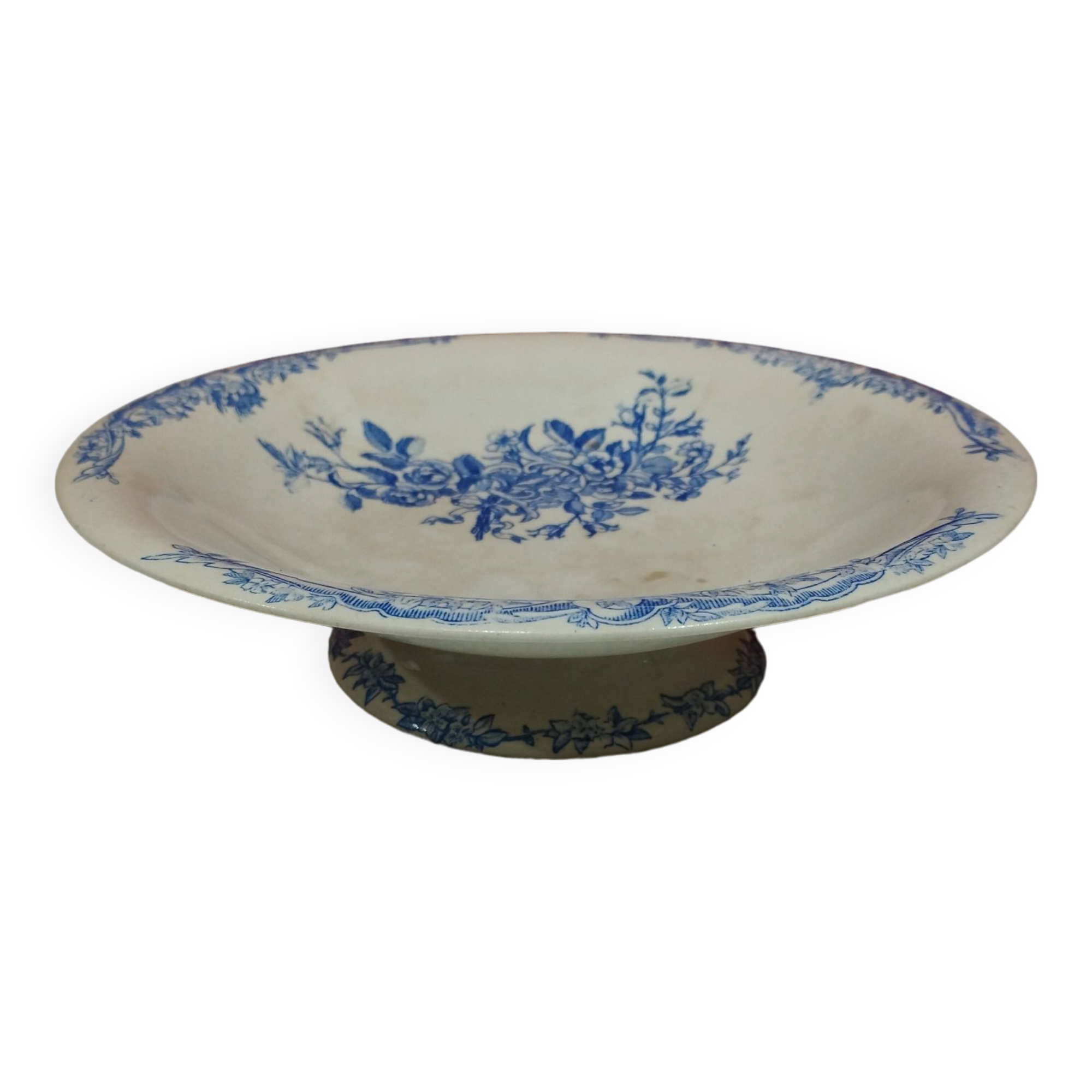 old earthenware fruit bowl - blue floral decoration