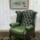 1970s Chesterfield Wingback Chair in Green Leather