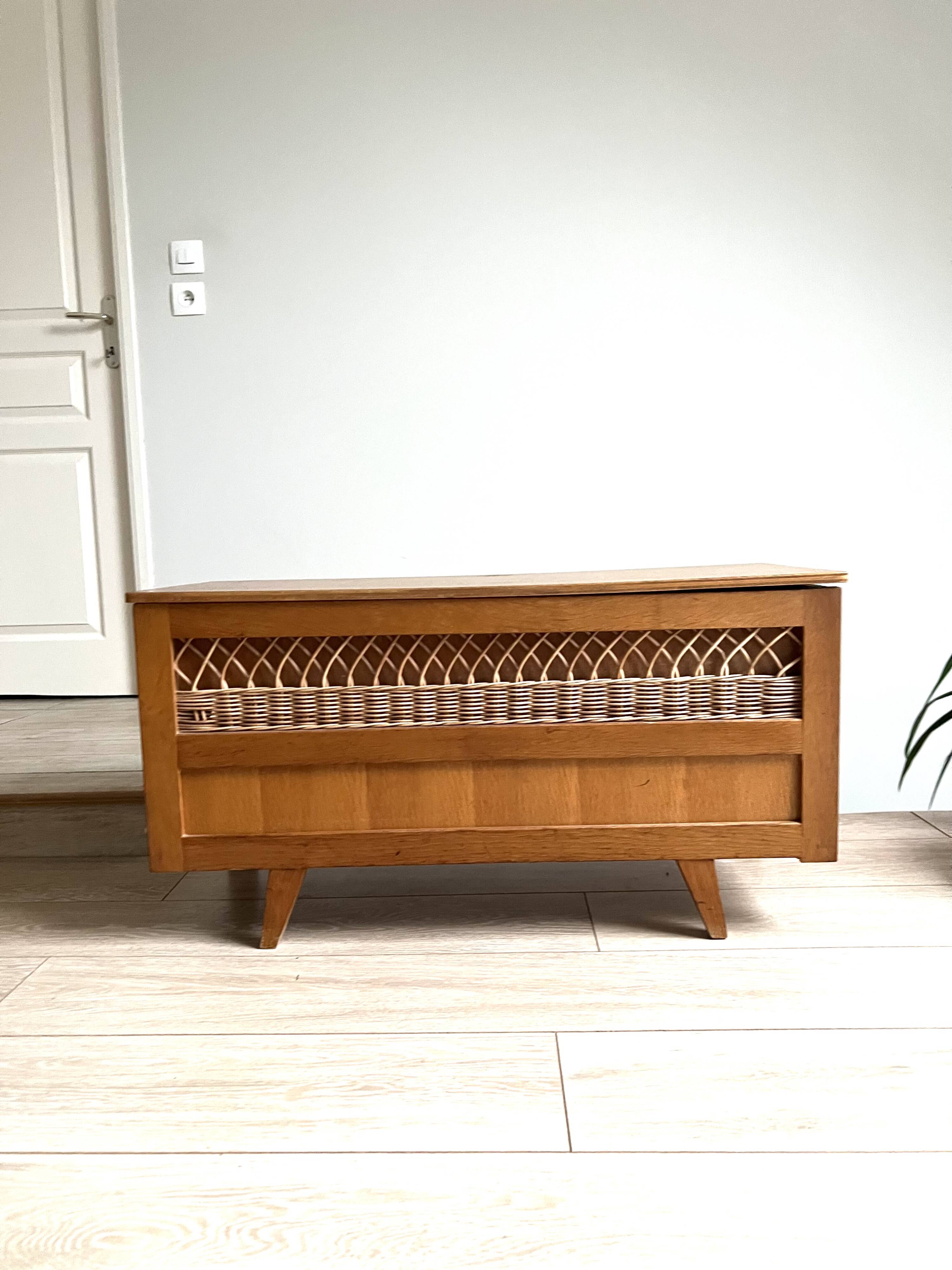 Wooden and rattan chest