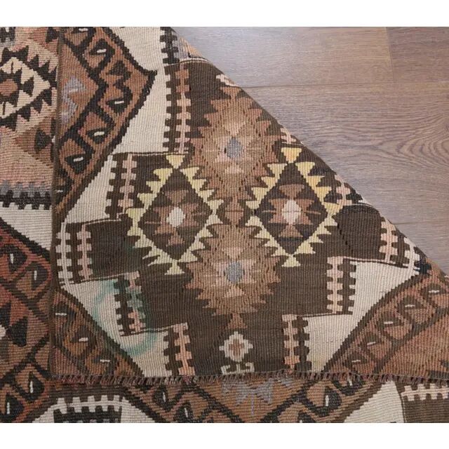 Vintage Turkish Handmade Wool Cotton Brown Kilim Runner 103x424