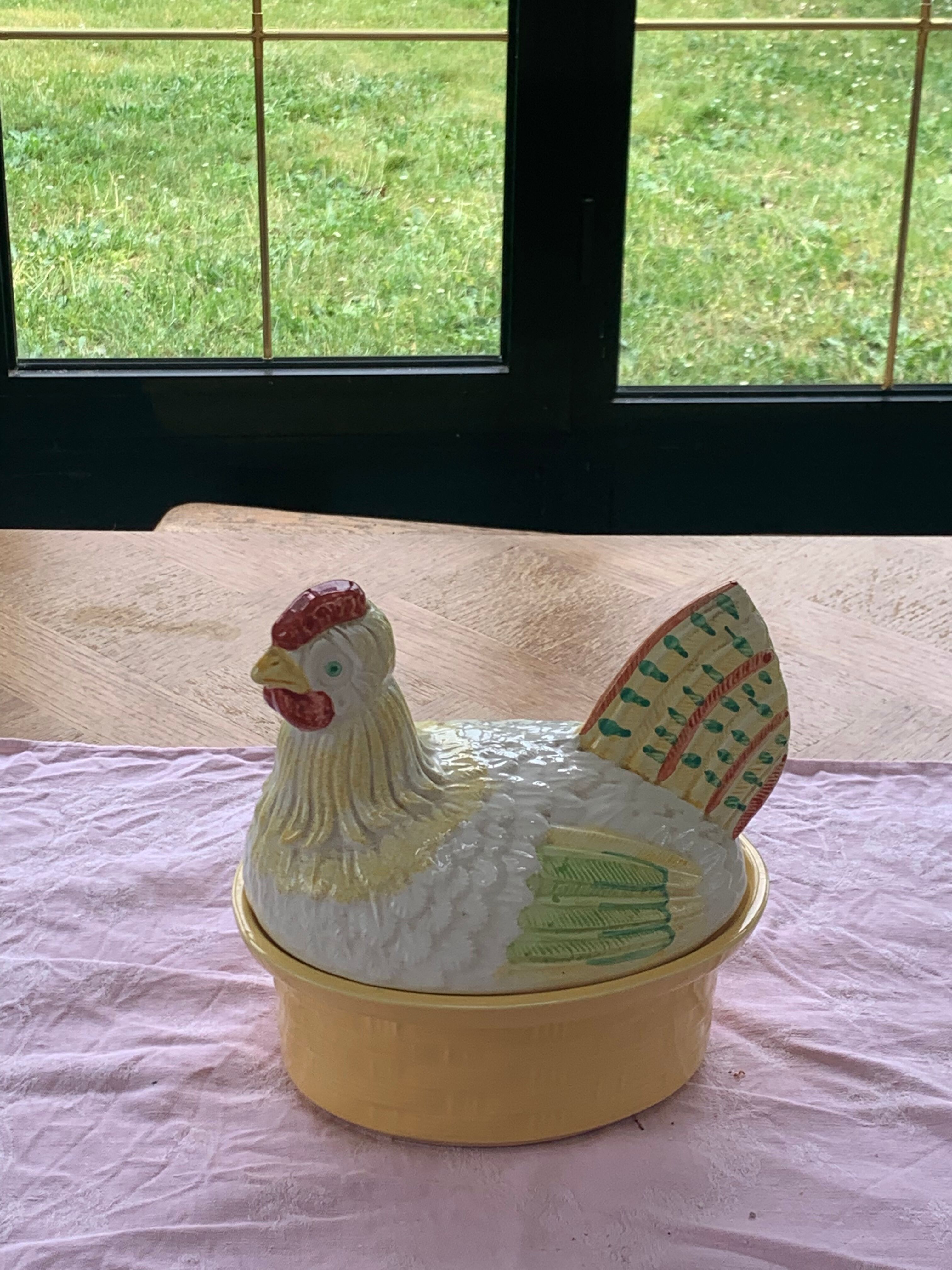 Terrine hen slurry in vintage glazed ceramic