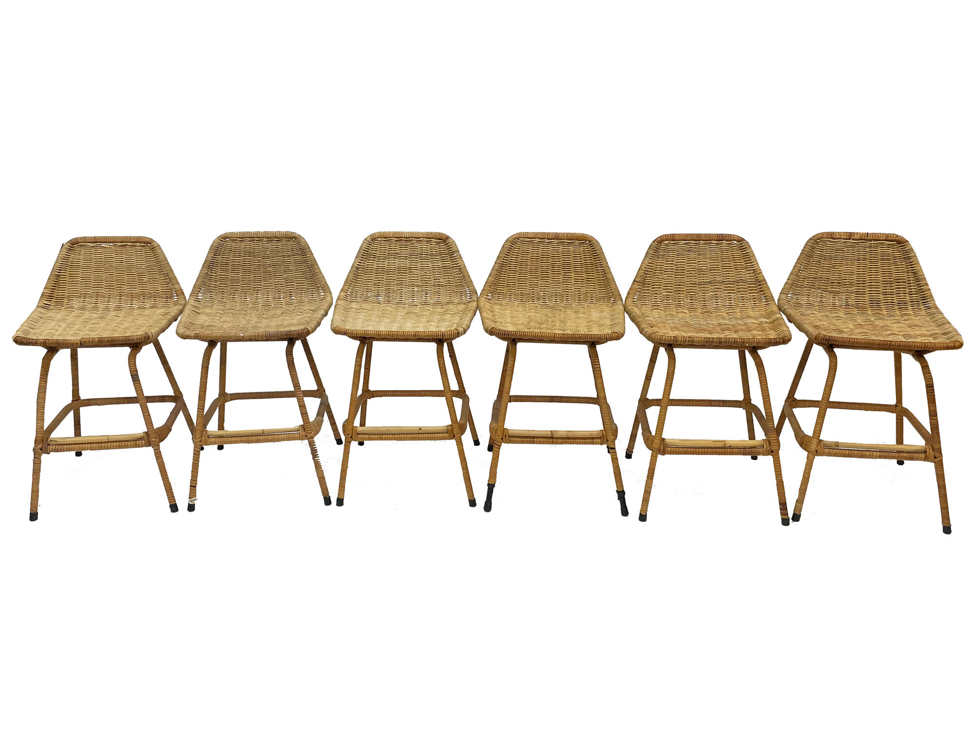 Suite of six vintage bar stools in rattan design Rohe 1960