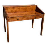 Sliding desk with steps and solid wood compartments, tapered legs.