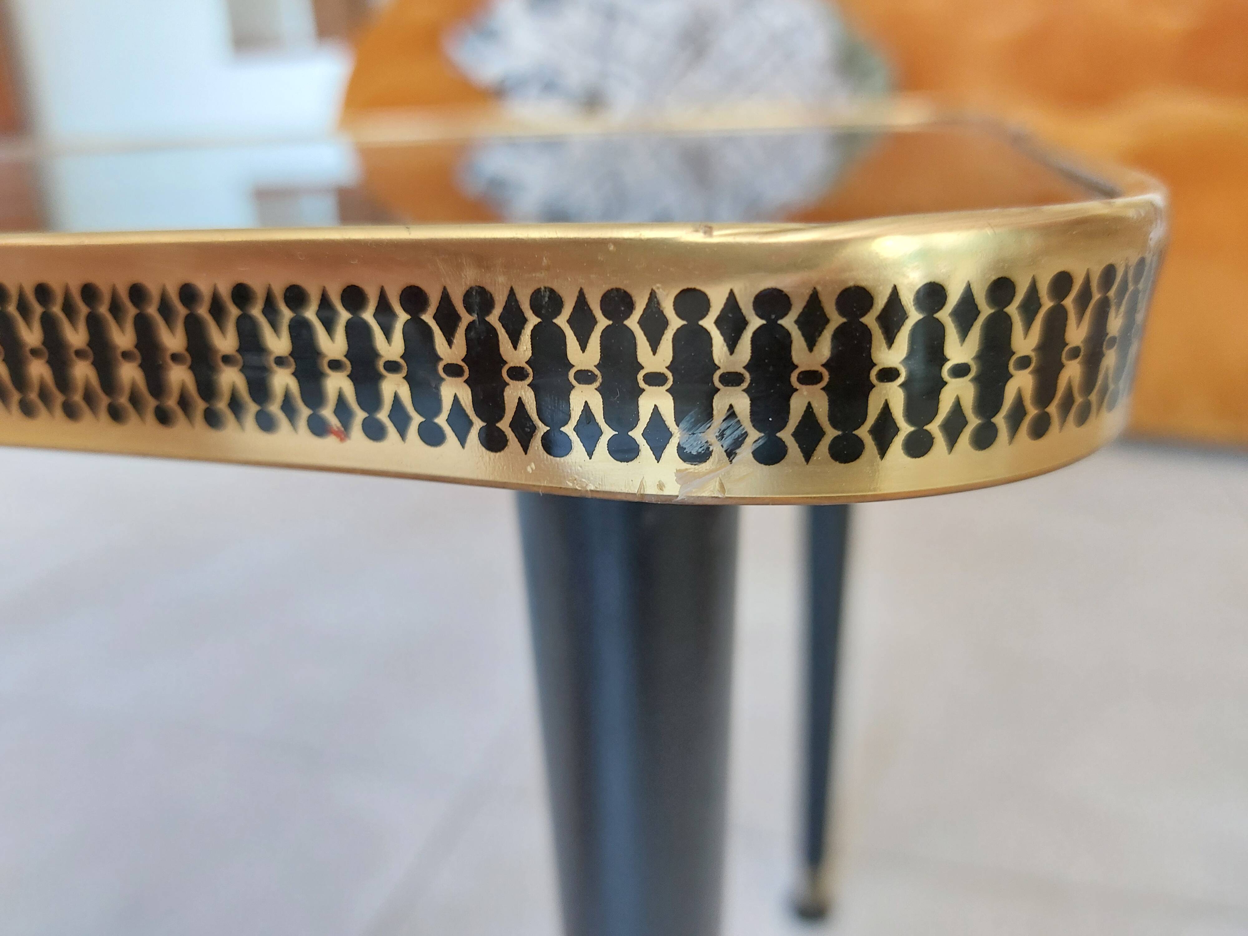 Japanese patterned coffee table, tapered legs and brass, vintage.