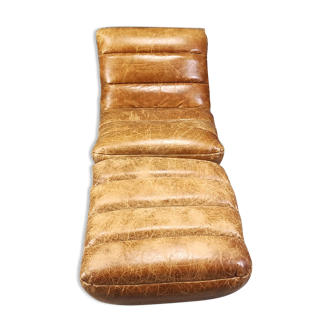 Vintage leather swivel chair with stool, 1970s