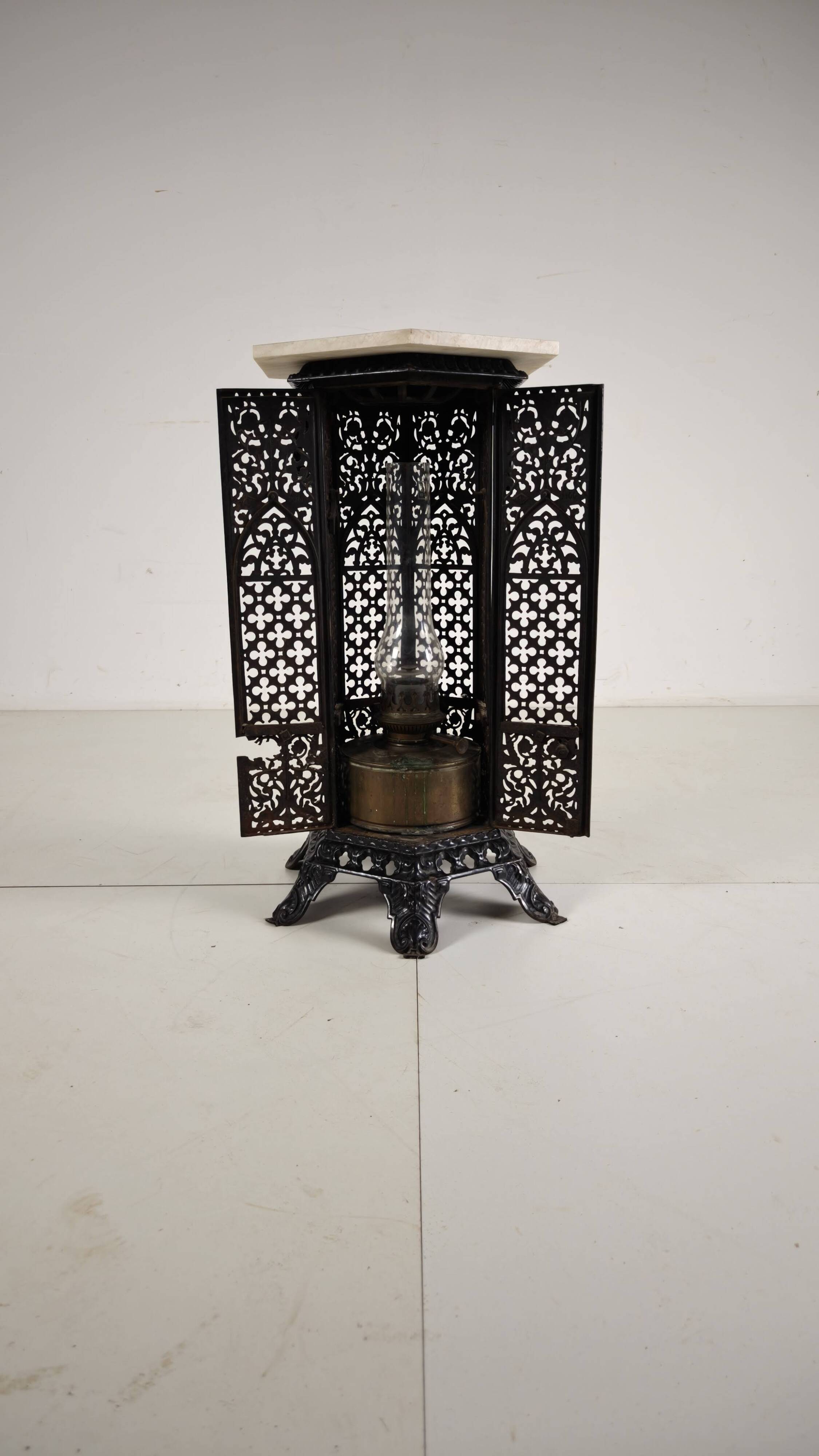 Orientalist Cast Iron side table with Marble Top, late 19th Century