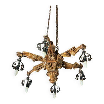 Gargoyle chandelier carved with 6 lights in wood and iron