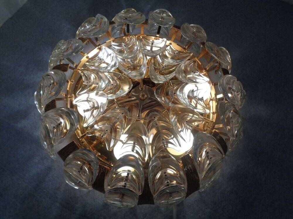 Large gilded brass and crystal glass ceiling lamp by Ernst Palme for Palwa, 1960s