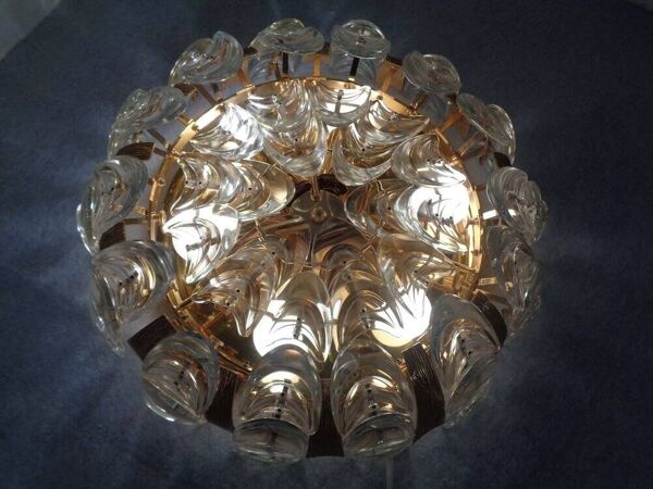 Large Gilded Brass and Crystal Glass Ceiling Lamp by Ernst Palme for Palwa, 1960s