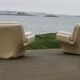 Pair of leather “space age” armchairs. Cream colour". Circa 1970.