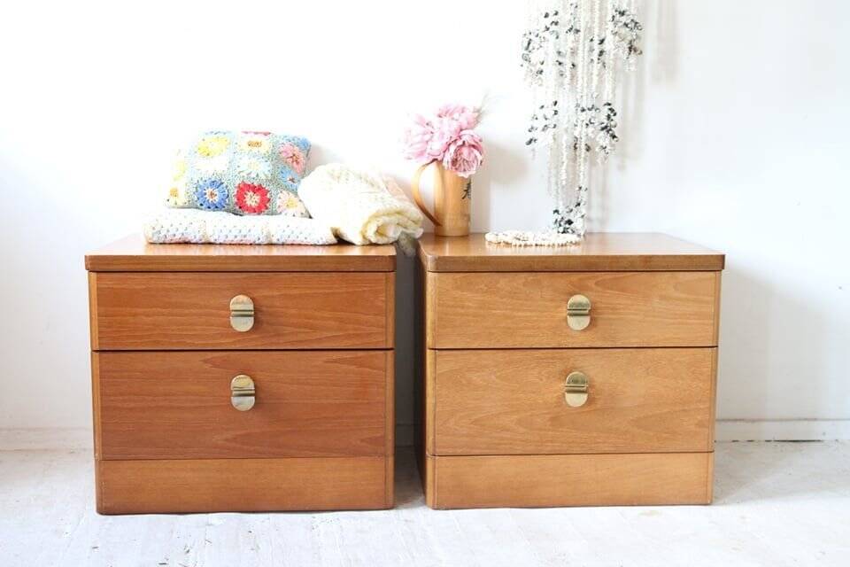 Pair of mid-century brown teak bedside tables, set of 2, 2 drawers.