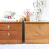 Pair of mid-century brown teak bedside tables, set of 2, 2 drawers.
