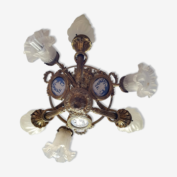 French Antique bronze Napoleon 6 branch jasperware cameo chandelier light fitting