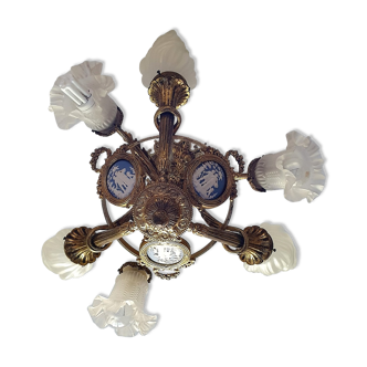 French Antique bronze Napoleon 6 branch jasperware cameo chandelier light fitting