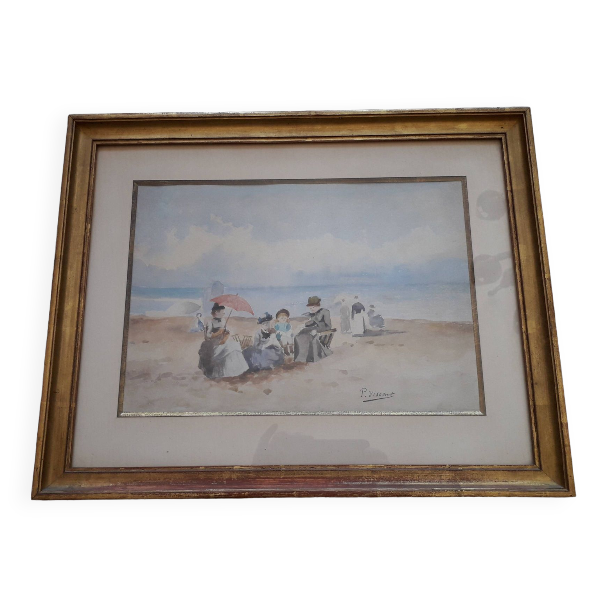 Old painting from the 1920s depicting a seaside scene