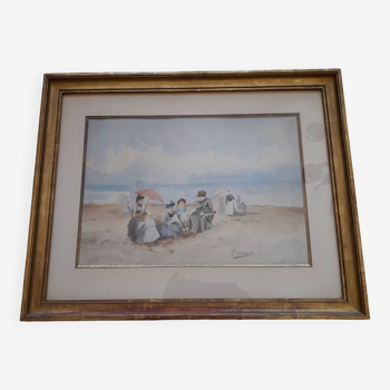 Tableau ancien des années 20 représentant une scène de bord de mer