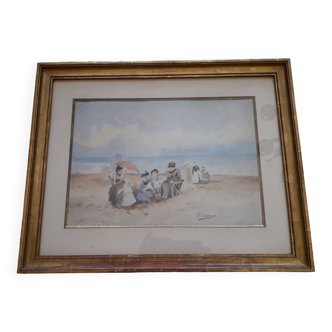 Tableau ancien des années 20 représentant une scène de bord de mer