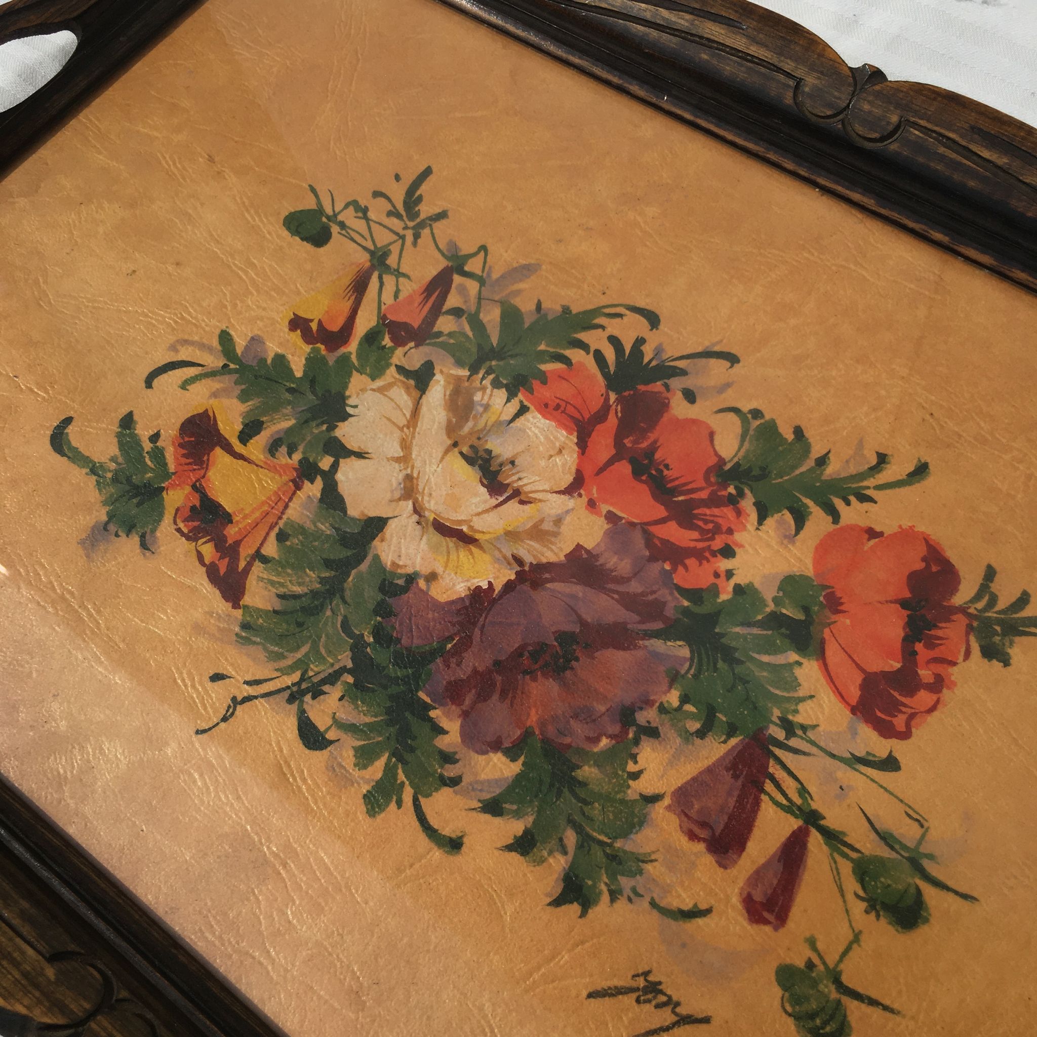 Serving tray with floral watercolor signed
