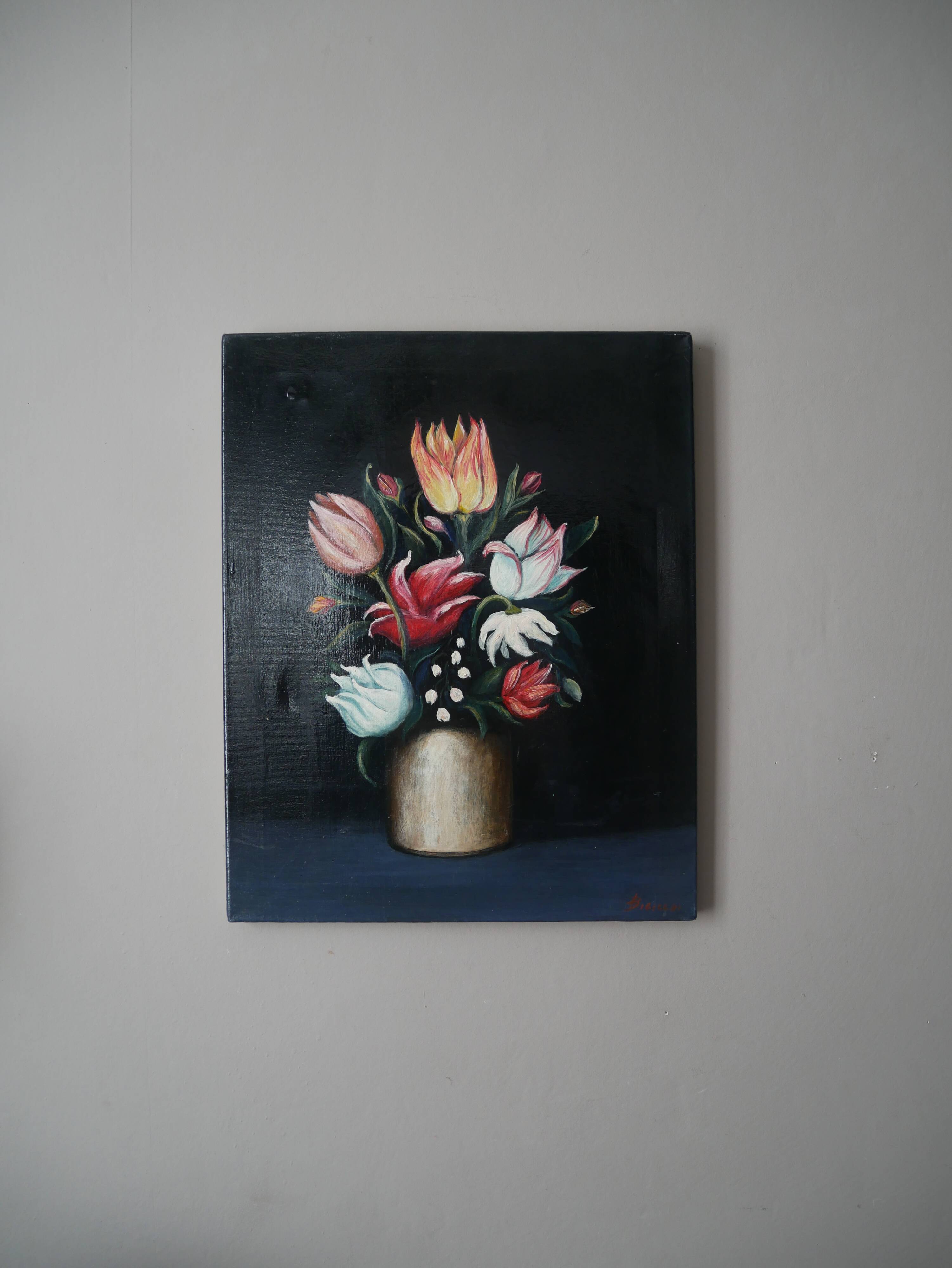 Painting on canvas still life decoration countryside bouquet flowers vintage frame black background