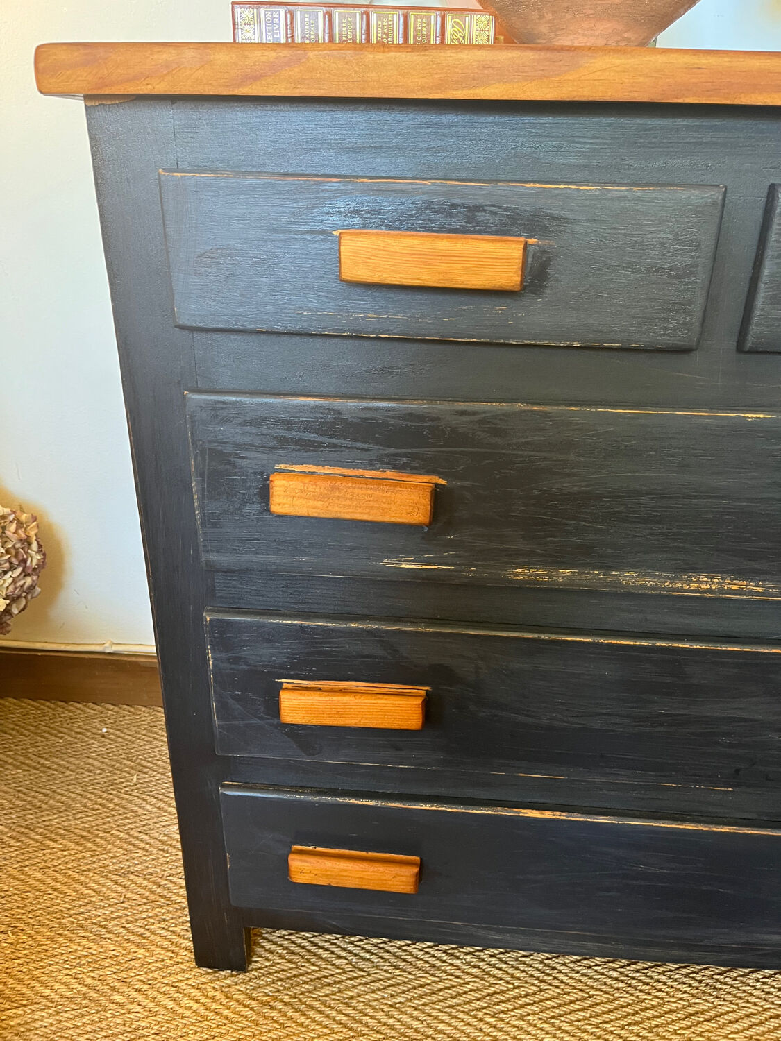 Vintage patinated black craft furniture style chest of drawers